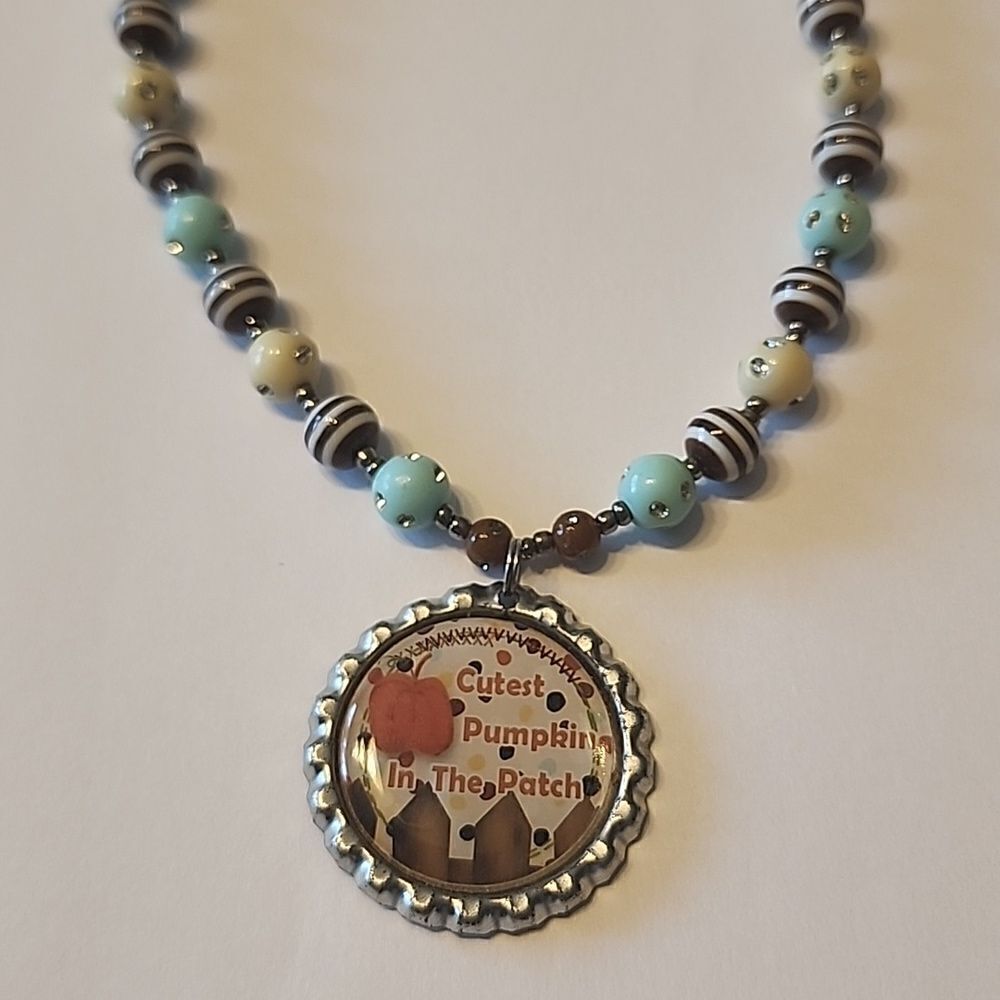 Cutest Pumpkin in the Patch Pendant Beaded Necklace Bottle Cap Silver Tone Blue